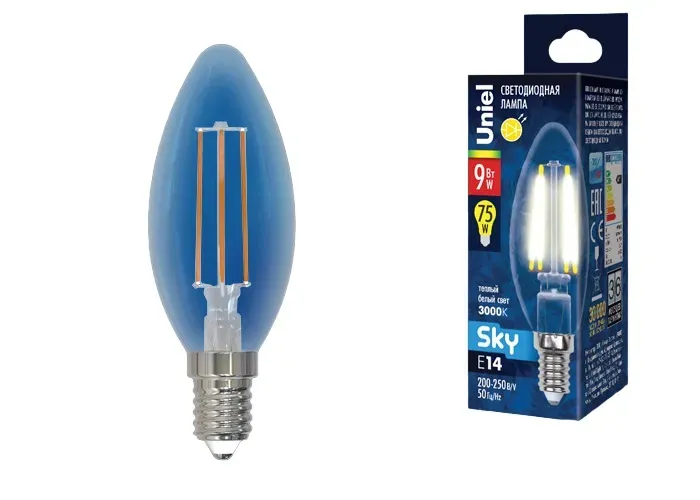 Лампа светодиодная форма свеча прозрачная серия sky теплый белый свет (3000к) led-c35-9w/3000k/e14/cl pls02wh картон тм UNIEL UL-00005160