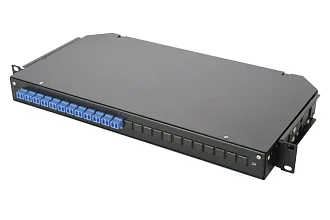 Коммутационная панель ВО Eurolan 47C-24, 1HU, портов: 24 LC/UPC (Duplex) OS2, установлено адаптеров: 2 невыдвижная, прямая, орг-йзер: предустановлен, цвет: чёрный, монтажные шнуры, КДЗС 47C-24-S2-2L-02-11BL