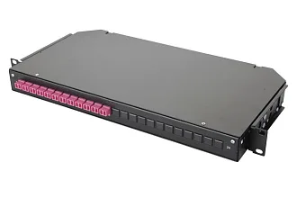 Коммутационная панель ВО Eurolan 47C-24, 1HU, портов: 24 LC/UPC (Duplex) OM4, установлено адаптеров: 4 невыдвижная, прямая, орг-йзер: предустановлен, цвет: чёрный, монтажные шнуры, КДЗС 47C-24-40-2L-04-11BL