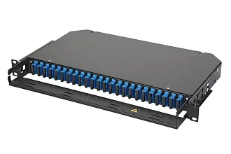 Коммутационная панель ВО Eurolan 47C-24, 1HU, портов: 24 SC/UPC (Duplex) OS2, установлено адаптеров: 2 невыдвижная, прямая, орг-йзер: предустановлен, цвет: чёрный, монтажные шнуры, КДЗС 47C-24-S2-2S-02-11BL