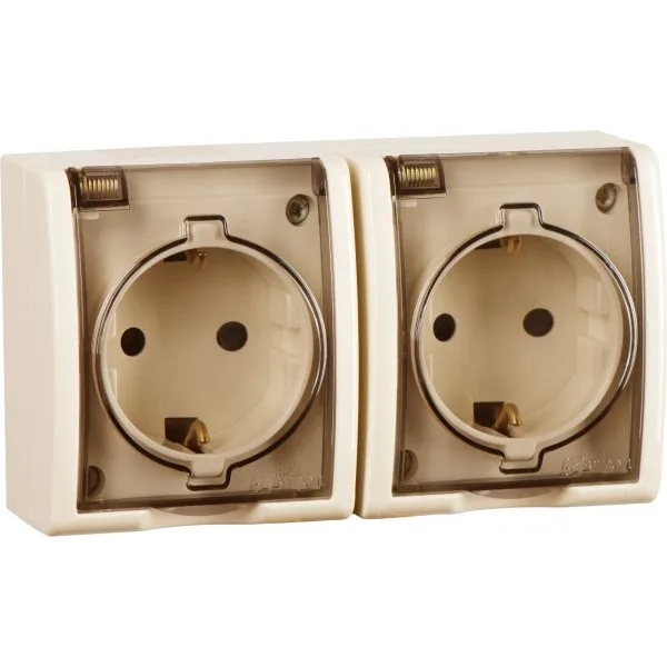 15 Aqua Розетка двойная 2Р+Е Schuko с крышками полупр. IP54 16А 250В винтовой зажим S15A сл. кость SIMON 1594433-031