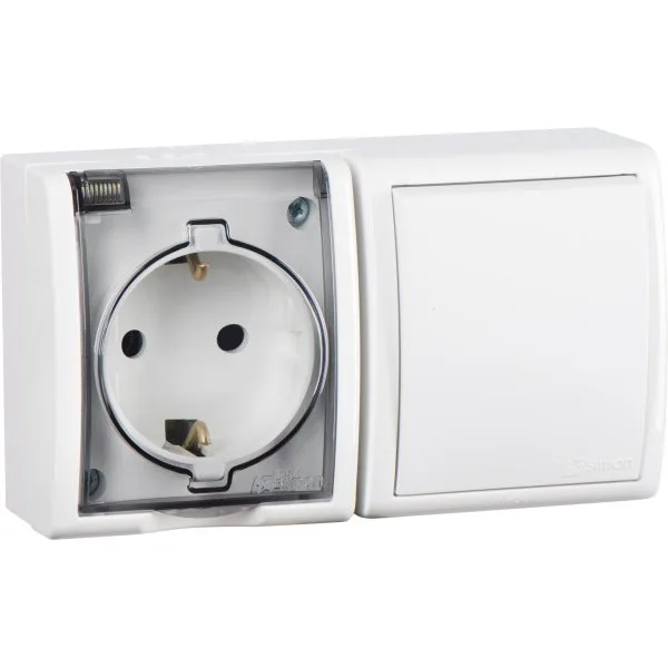 15 Aqua Блок розетка с заземлением 16А 250В + выключатель 10А 250В IP54 белый SIMON 1594511-030