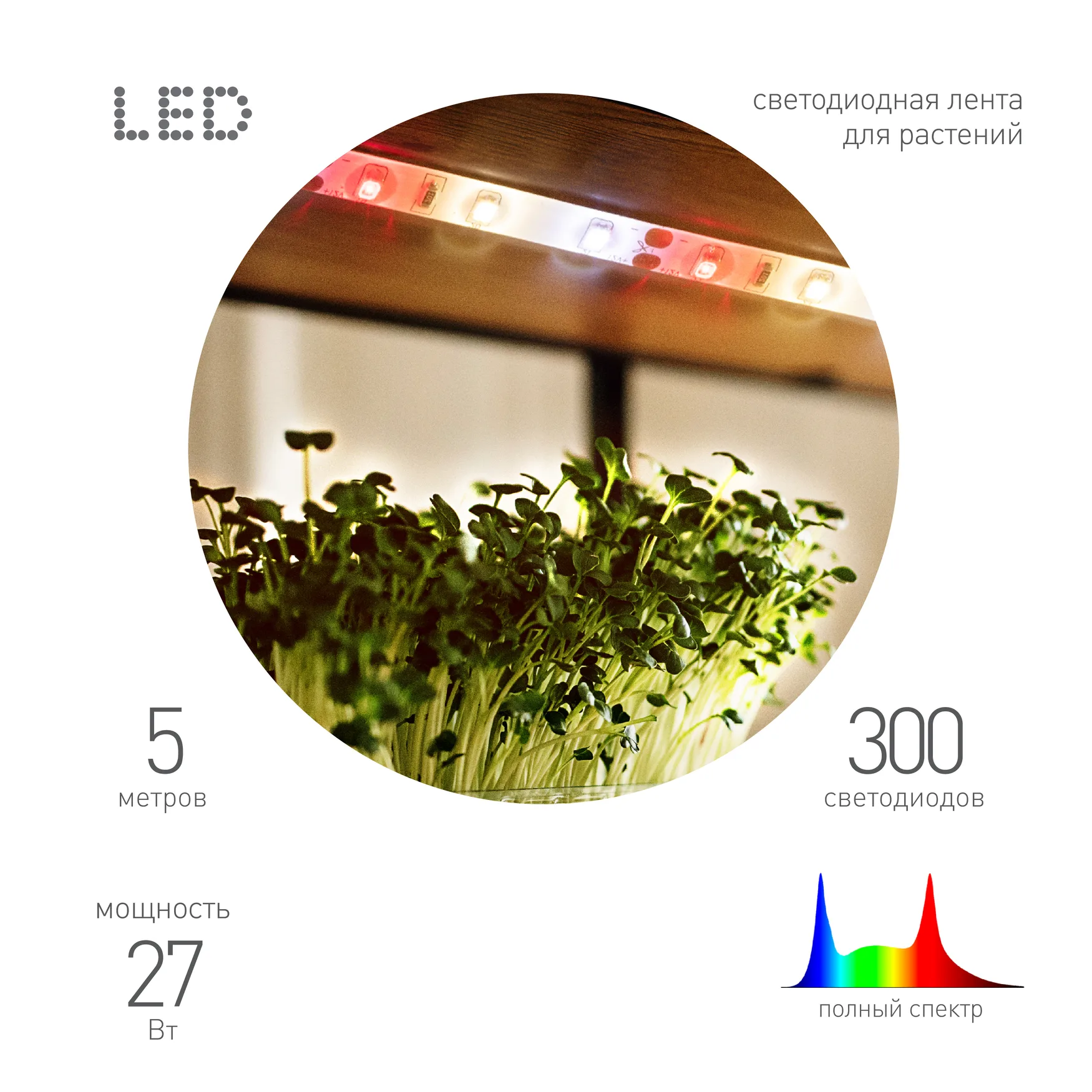 Лента светодиодная для растений полного спектра 5м IP65 с адаптером 12В FITO-Strip Light-Rа90-300LED-5m-12V-IP65