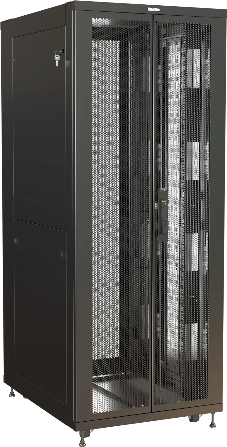 Hyperline TSR-4261-00YH-00-R101-RAL9005 Шкаф напольный 19-дюймовый, 42U, 2058x600х1000 мм (ВхШхГ), без дверей, монтажные профиль узкий, без боковых панелей, панель крыши с заглушками щеточных вводов, цвет черный (RAL 9005) (собранный)