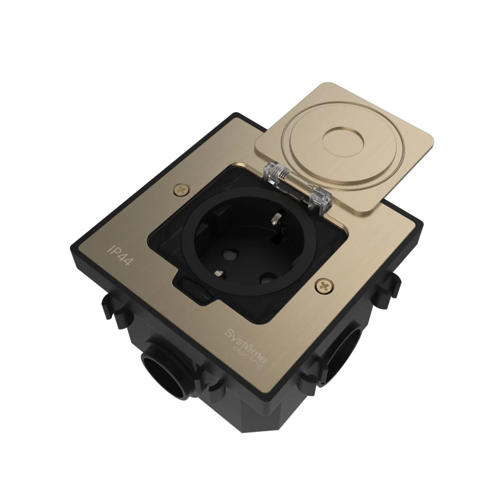 Лючок MultiDeS с розеткой 2К+З 16А/250В IP44 с монтажной коробкой для бетонных полов Никель тип MDK21 SYSTEME ELECTRIC MDK21202NC