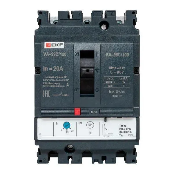 Выключатель автоматический трехполюсный ва-99c 100/20а 36ка EKF MCCB99C-100-20