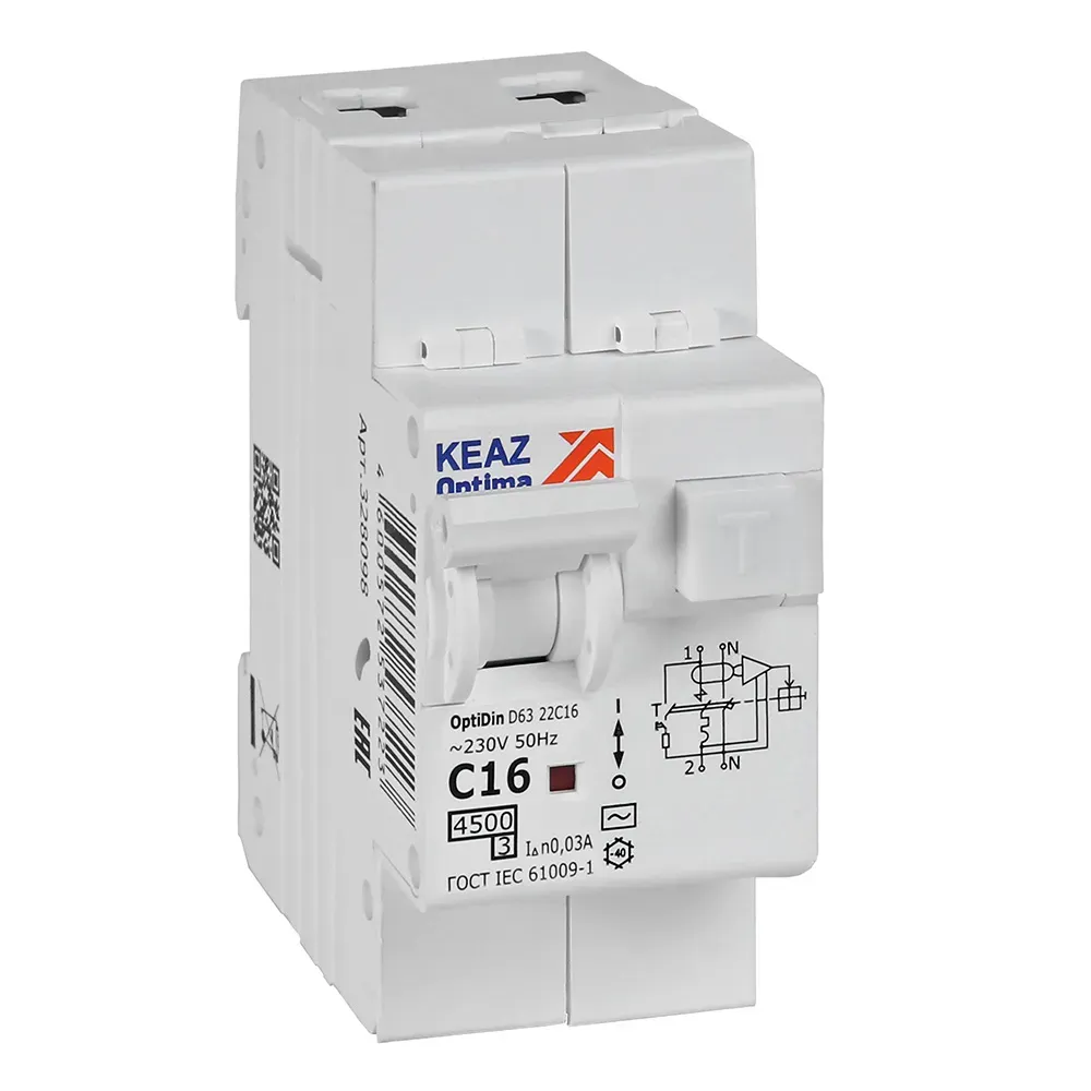 Выключатель автоматический дифференциального тока авдт с защитой от сверхтоков 2п 16а 30ма ac 4,5ка optidin d63-22c16-ac-у3 КЭАЗ 328098