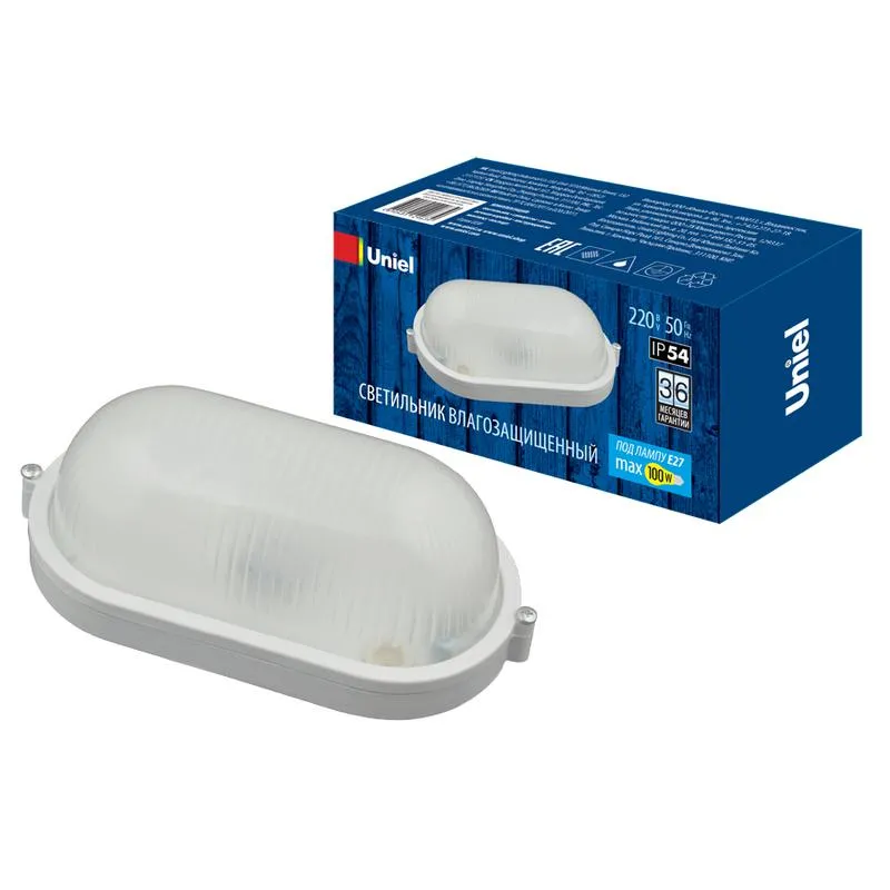 Светильник влагозащищенный под лампу Е27 UWL-O01 100W/E27 IP54 WHITE Овал Uniel UL-00006773