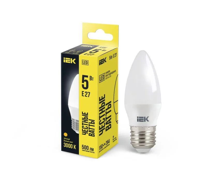 Лампа светодиодная c35 свеча 5вт 230в 3000к e27 iek IEK LLE-C35-5-230-30-E27