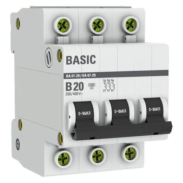 Автоматический выключатель 3p 20а (b) 4,5ка ва 47-29 basic EKF MCB4729-3-20-B