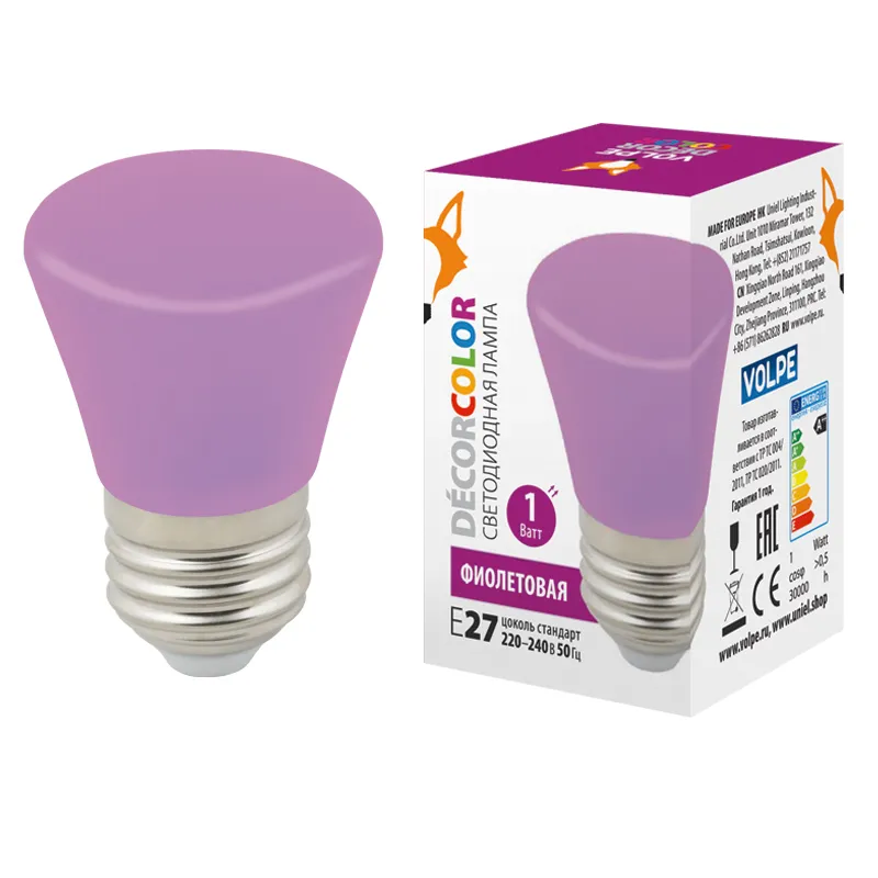 Лампа декоративная светодиодная led-d45-1w/purple/e27/fr/с bell форма колокольчик матовая цвет фиолетовый картон UNIEL UL-00005644