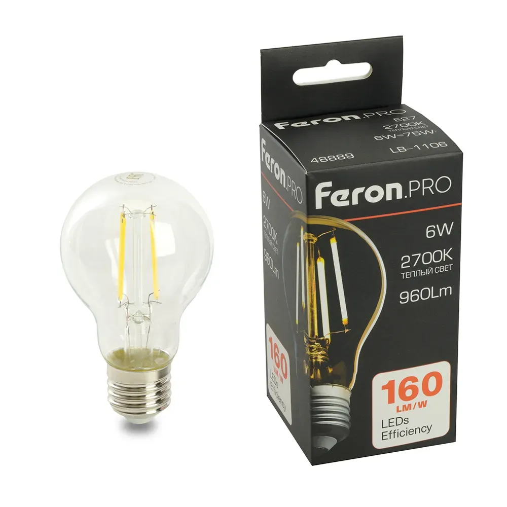 Лампа светодиодная led 6вт е27 теплый filament feron.pro STEKKER 48889