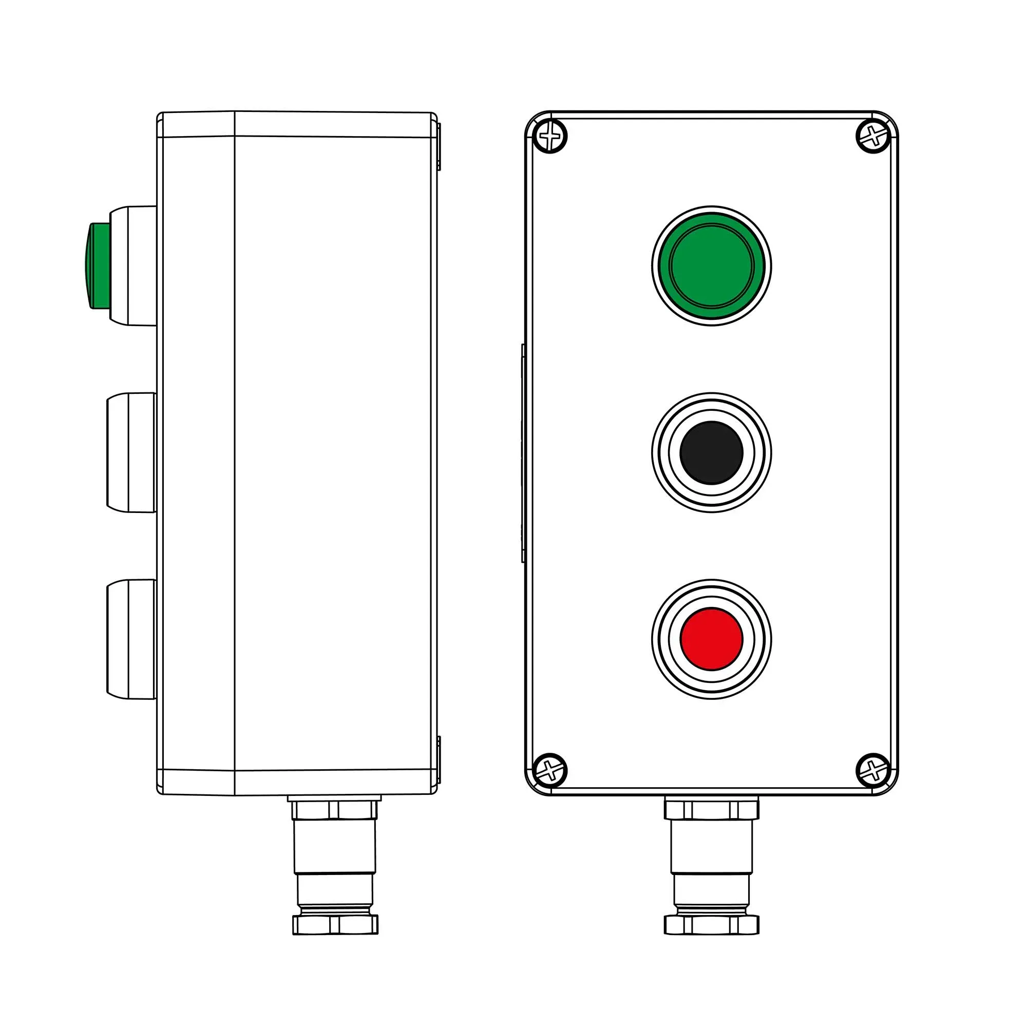 Взрывозащищенный пост управления из полиэстера CPE-P-04-(1xLG(250)-1xP1B(11)-1xP1R(11))-1xKH2MHK(C)1Ex d e IIC Т5 Gb / Ex tb IIIC T95°C Db IP66/КЗ DKC 2231.041.22.120Q