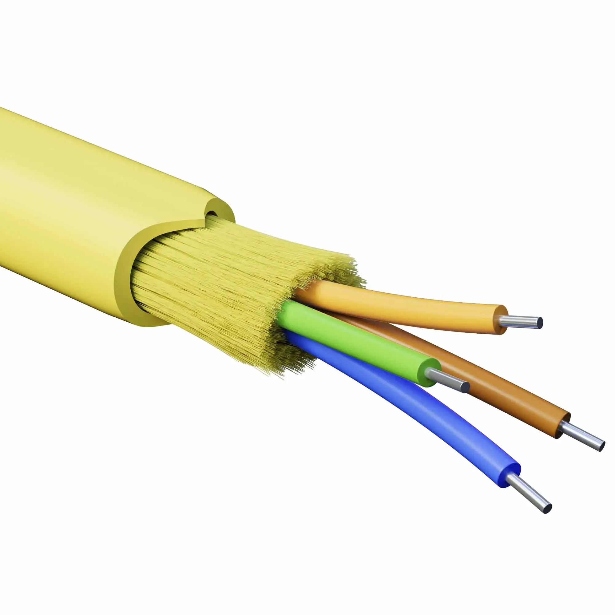 Кабель волоконно-оптический, распределительный, арамидные упрочняющие нити, для внутренней прокладки, нг(A)-HFLTx, 4 ОВ, категорияOS2 (G.652.D) плотный буфер, 0,4 кН, барабан 2000 м