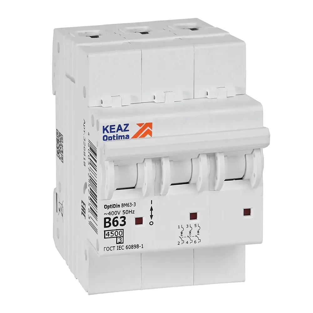 Выключатель автоматический трехполюсный 63а b 4,5ка ac optidin bm63-3b63-4,5-ухл3 КЭАЗ 329525