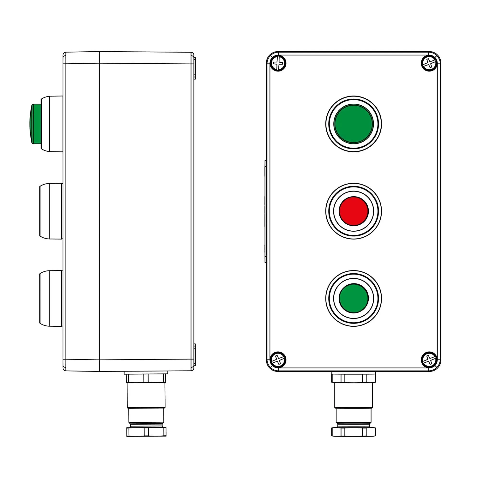 Взрывозащищенный пост управления из полиэстера CPE-P-04-(1xLG(250)-1xP1R(11)-1xP1G(11))-1xKH2MHK(C)1Ex d e IIC Т5 Gb / Ex tb IIIC T95°C Db IP66/КЗ DKC 2231.041.22.120P