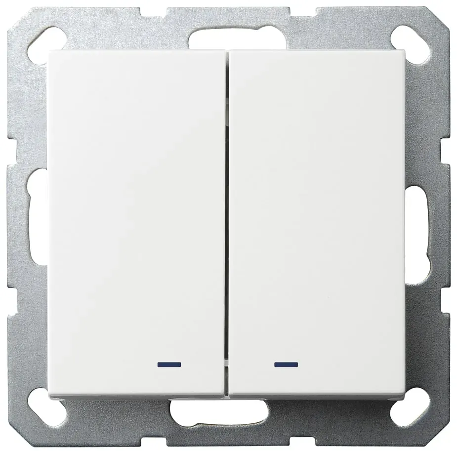 Выключатель двухклавишный со светодиодами 10A 250V~ с накладкой, цвет белый глянцевый Jasmart G3023NW