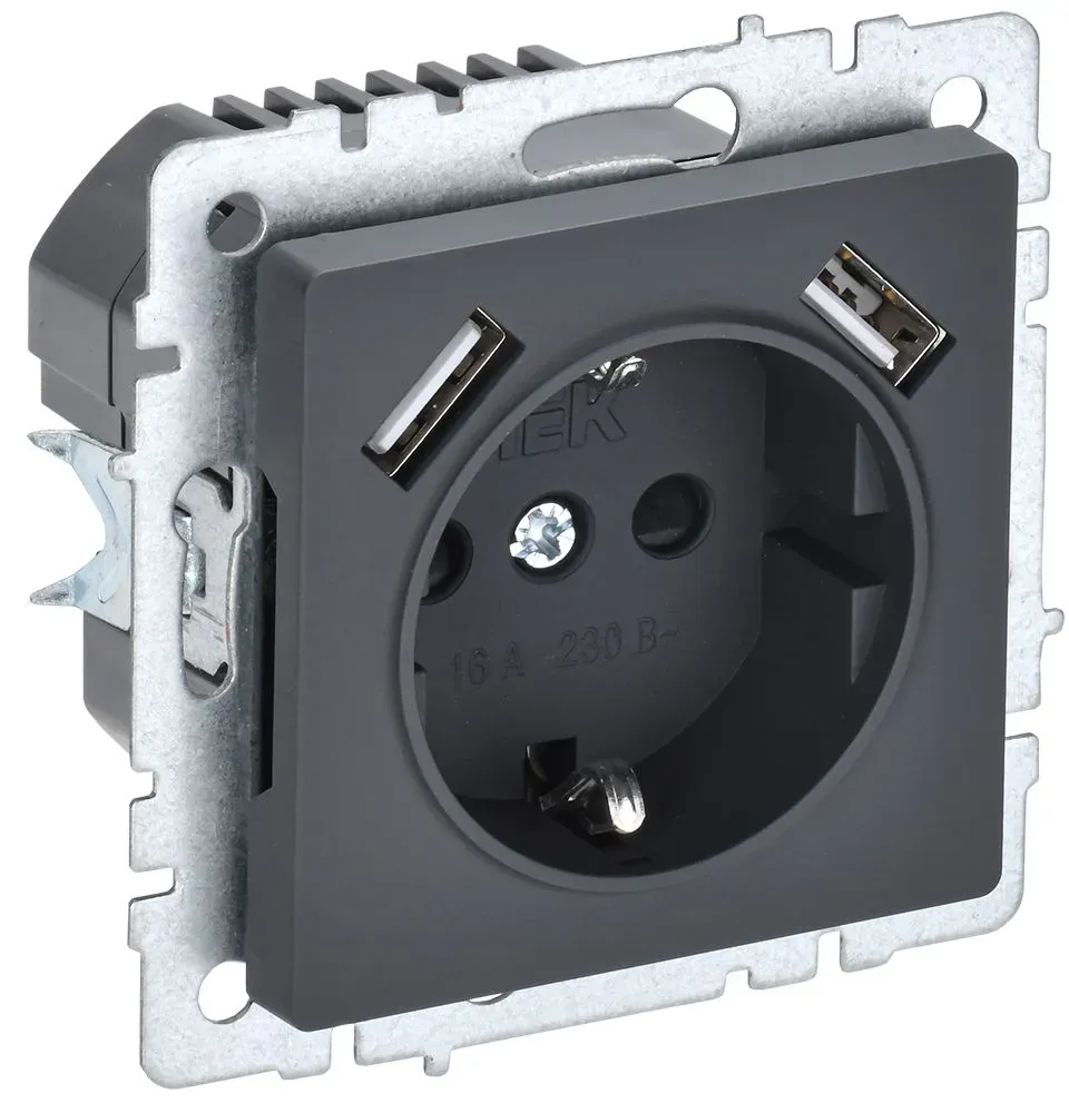 BRITE Розетка 1 пост с заземлением с защитными шторками 16А с USB A+A 5В 3,1А РЮш10-2-БрГ графит IEK BR-R14-16-U21-D31-K53