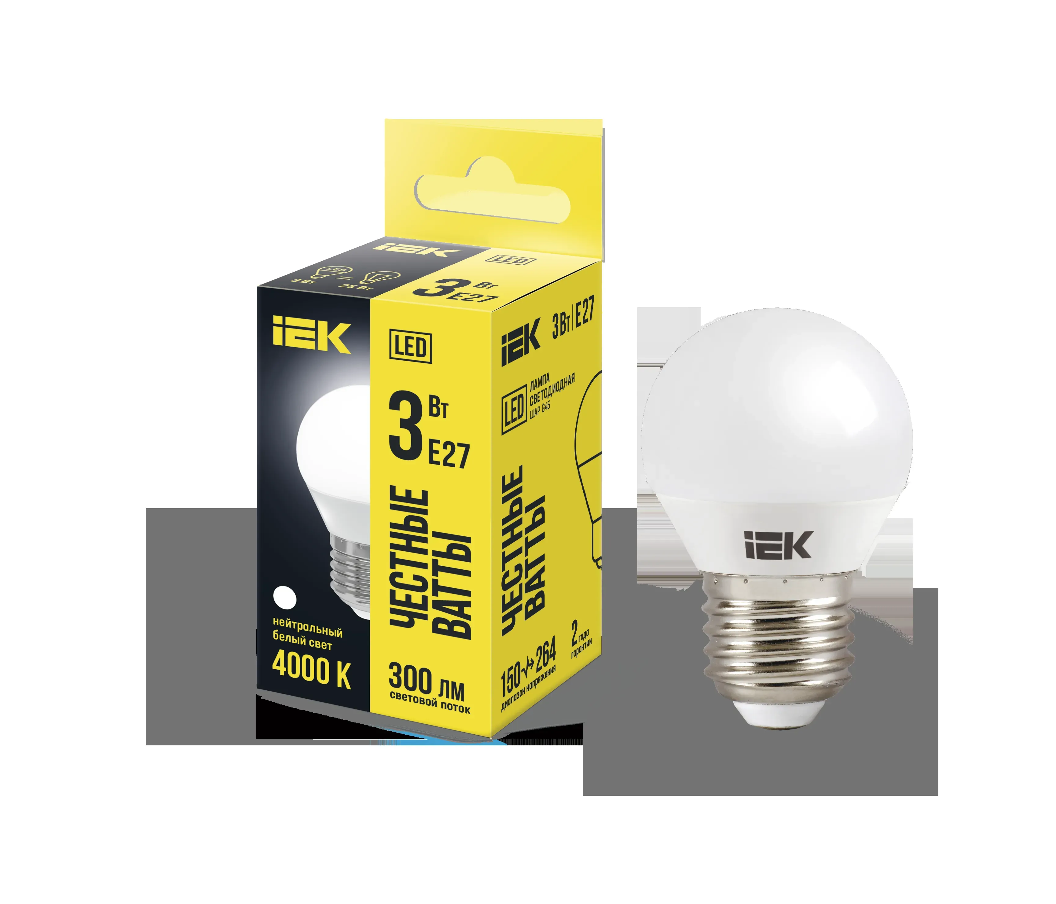 Лампа светодиодная g45 шар 3вт 230в 4000к e27 iek IEK LLE-G45-3-230-40-E27