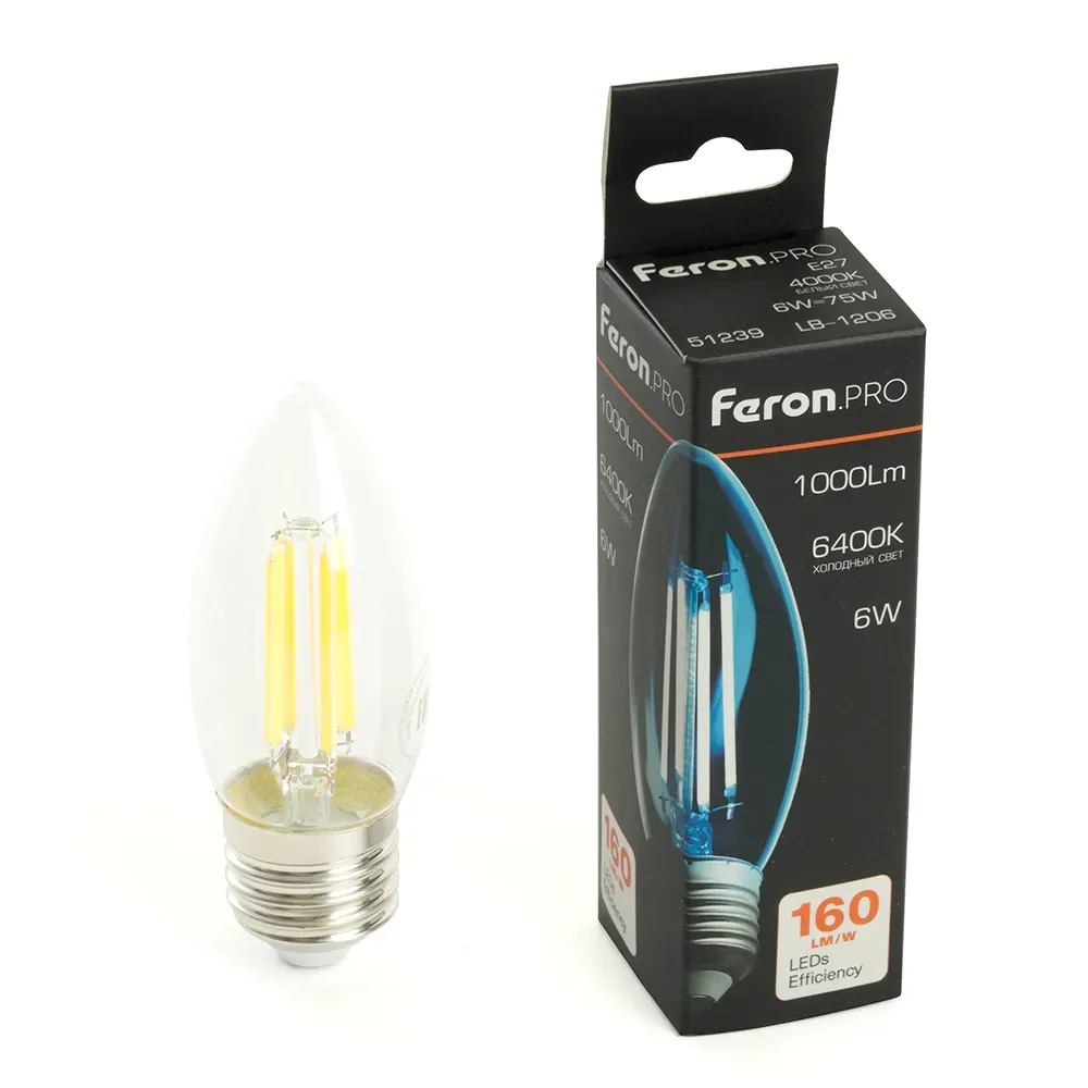 Лампа светодиодная led 6вт е27 дневной свеча filament feron.pro STEKKER 51240