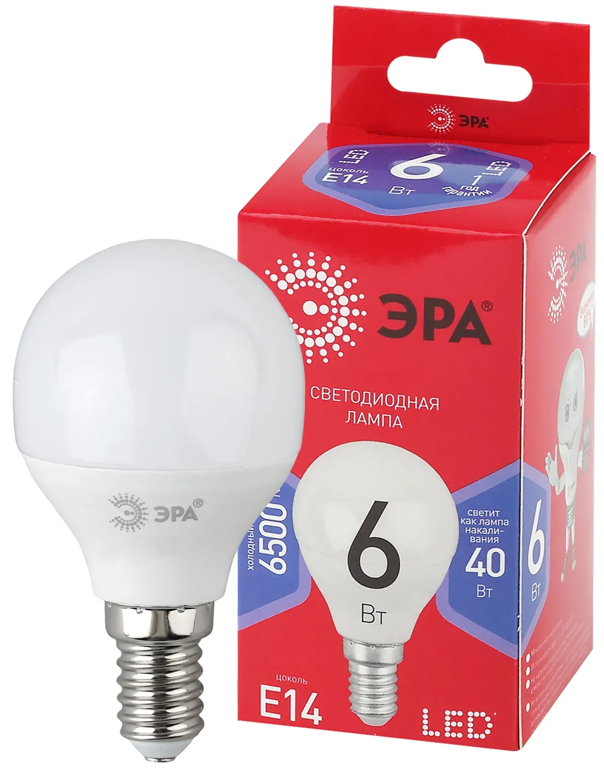 Лампа светодиодная led p45-6w-865-e14 r (диод, шар, 6вт, хол, e14) (10/100/3600) ЭРА Б0045356