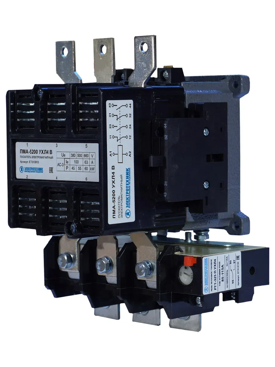 Пускатель электромагнитный ПМА-5200 УХЛ4 В, 220В, 2з+2р, 100А, нереверсивный,с реле РТТ-325 85-115А, IP00, пускатель электромагнитный Электротехник ET010913