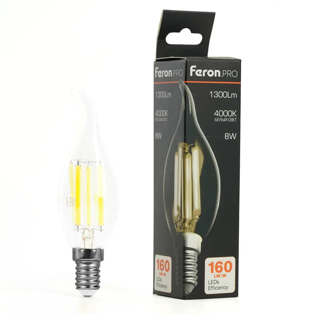 Лампа светодиодная LED 8вт Е14 белый свеча на ветру FILAMENT Feron.PRO