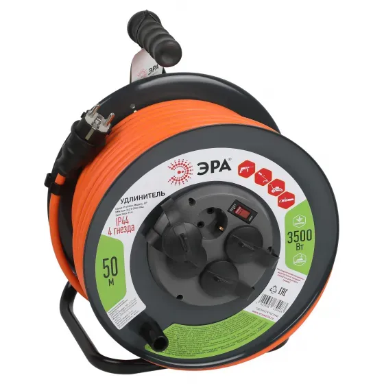 Удлинитель силовой RMx-4es-3x2.5-50m-IP44 на мет. катушке с/з с выключателем 4 розетки 50м ПВС ЭРА Б0052922