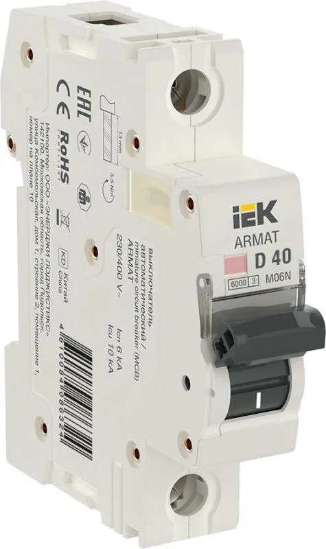 Armat выключатель автоматический однополюсный d 40а m06n IEK AR-M06N-1-D040