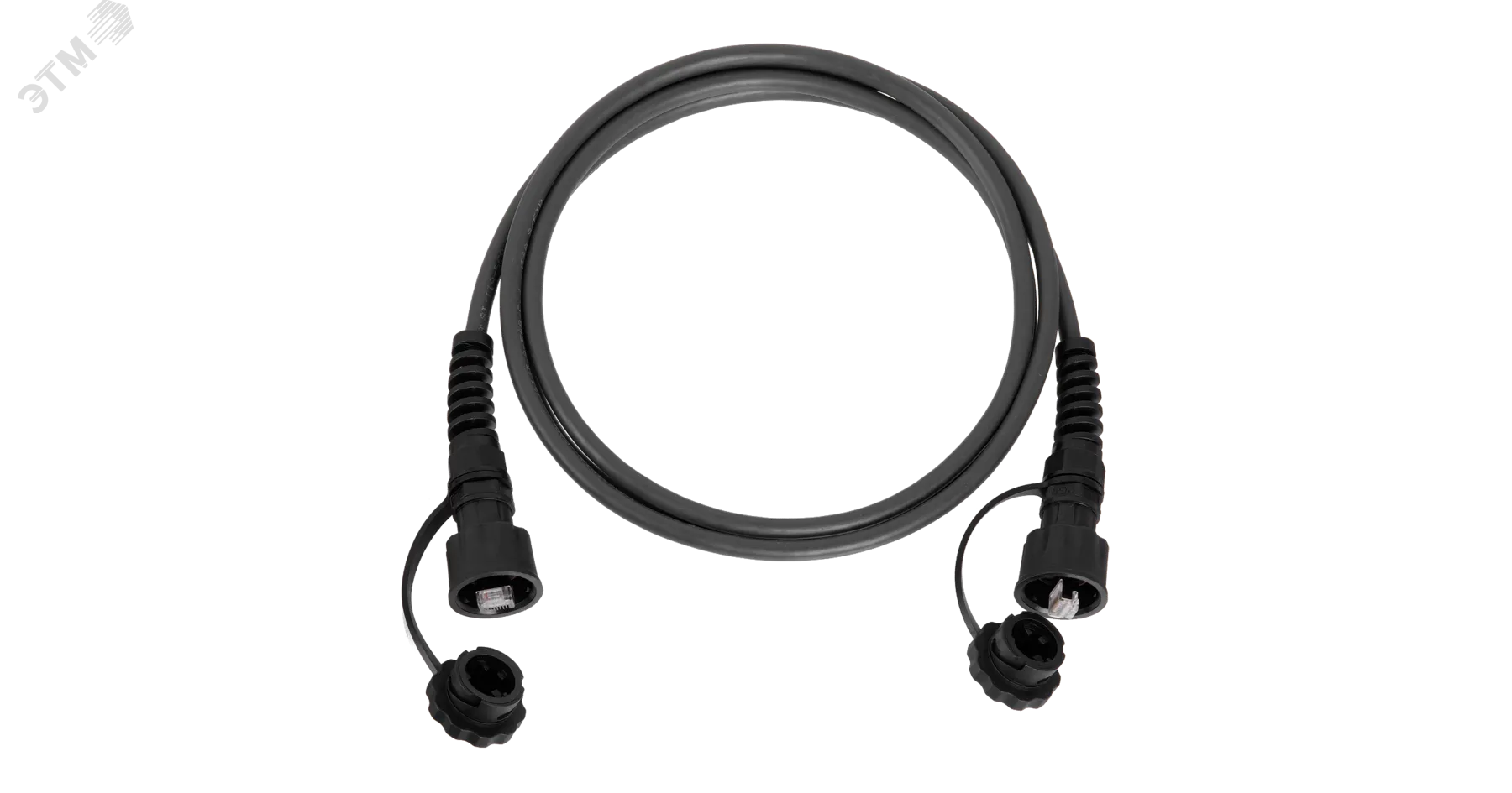 Патч-корд промышленный U/UTP 4 пары, Кат.6 2хRJ45/8P8C, T568B, 24AWG (7х0,195мм), IP67 с защитной крышкой, PUR, черный, 1м