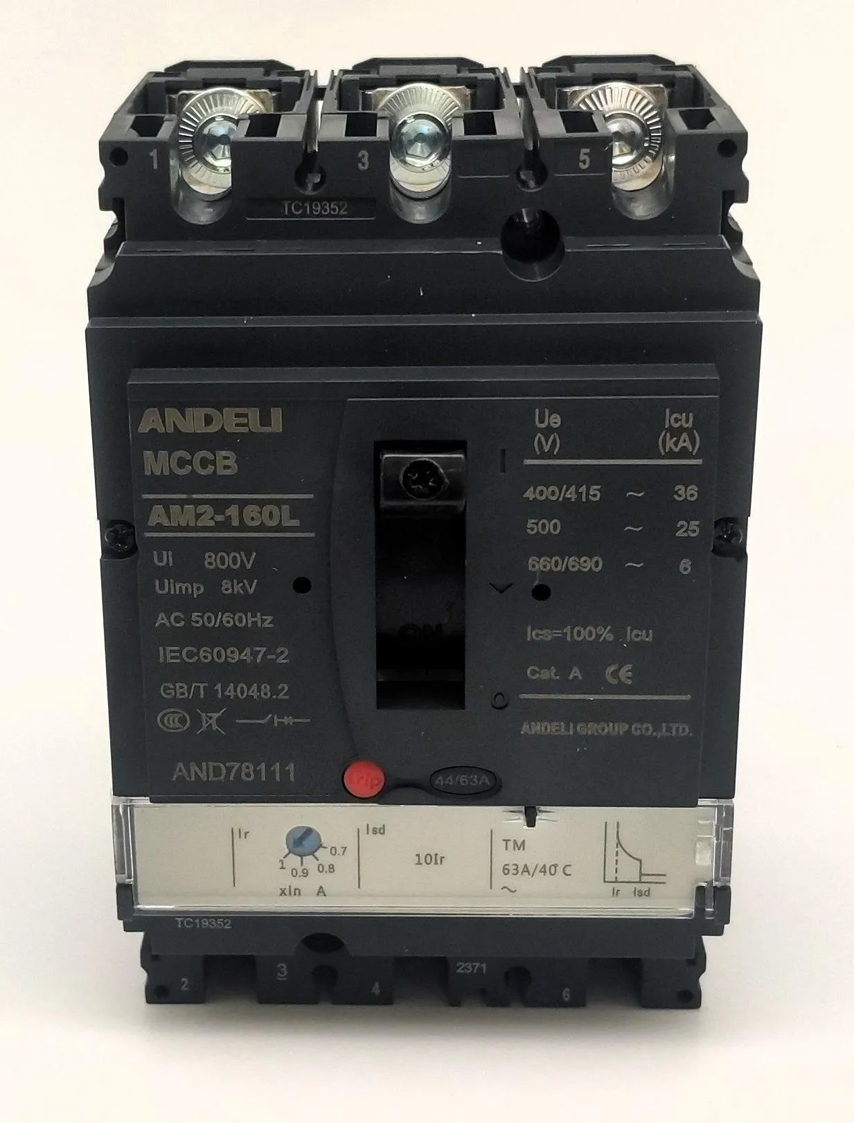 Выключатель автоматический AM2-160L 63A (44A-63A) 36KA TM расцепитель ANDELI ADL06-1205