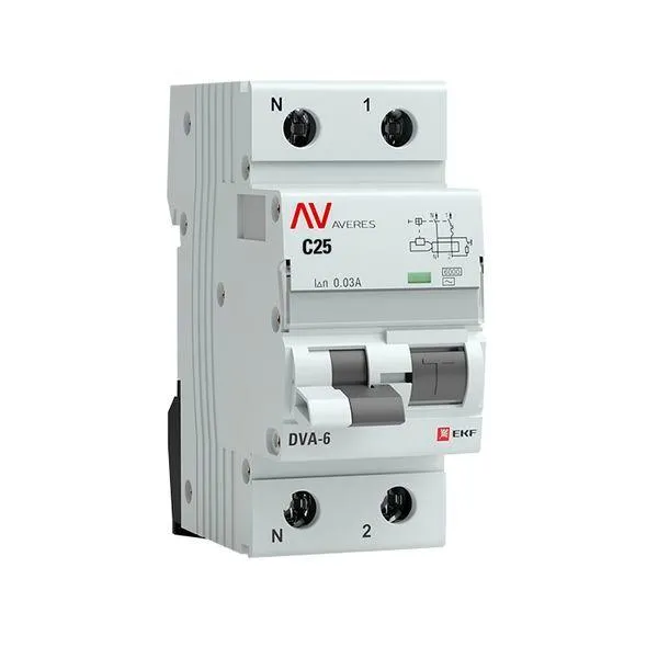 Автомат дифференциальный dva-6 1p+n 25а (c) 30ма (ac) 6ка averes EKF RCBO6-1PN-25C-30-AC-AV