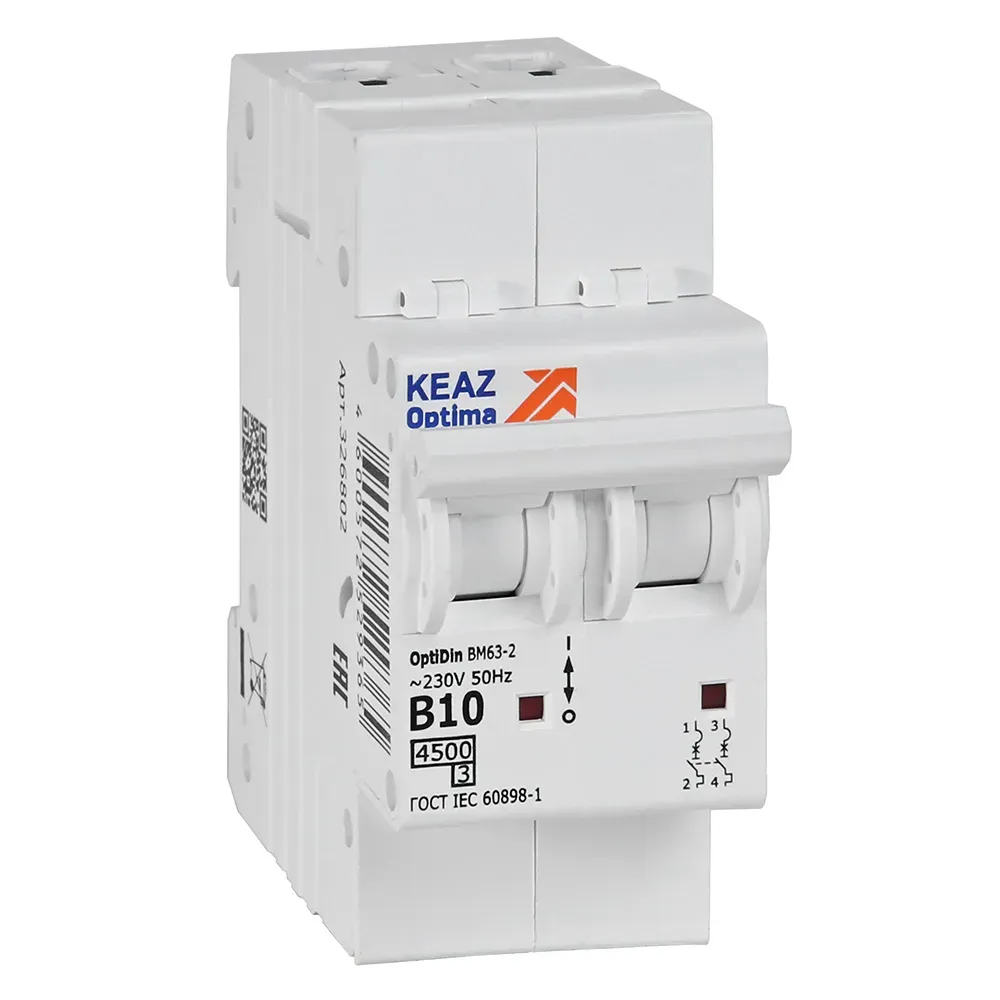 Выключатель автоматический двухполюсный 10а b 4,5ка ac optidin bm63-2b10-4,5-ухл3 КЭАЗ 329509