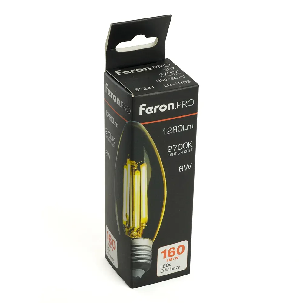 Лампа светодиодная LED 8вт Е27 теплый свеча FILAMENT Feron.PRO