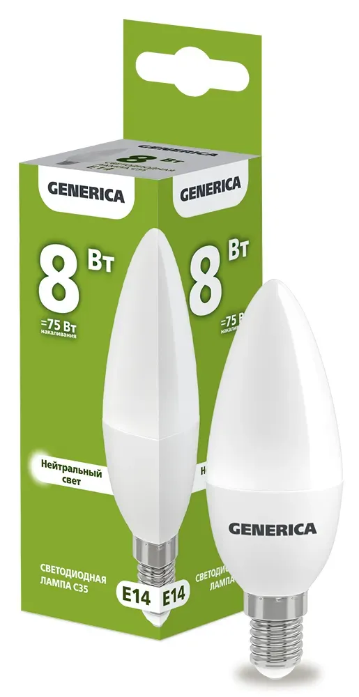 Лампа светодиодная c35 свеча 8вт 230в 4000к e14 generica IEK LL-C35-08-230-40-E14-G