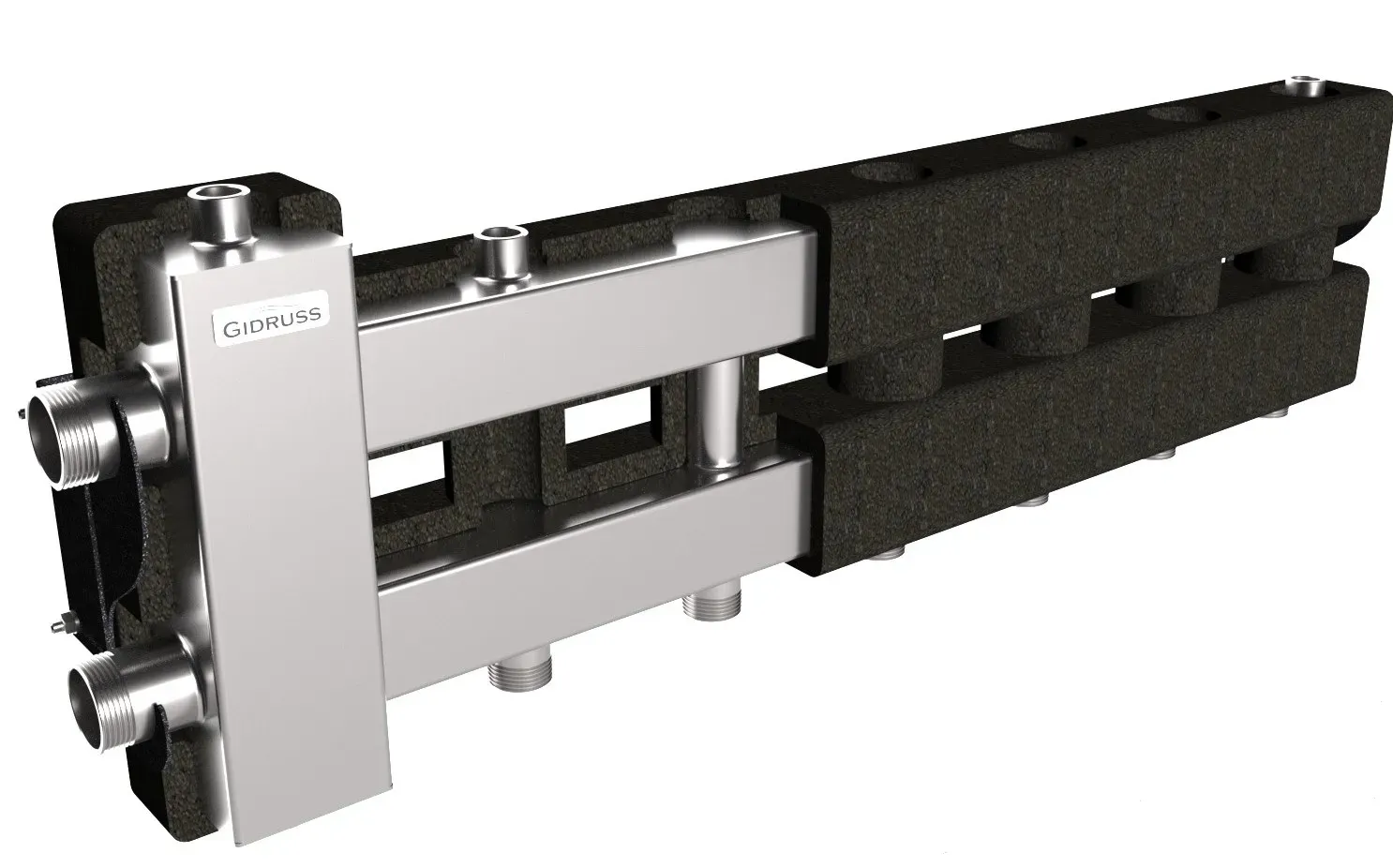Коллектор с гидрострелкой BMSS-80-4D.EPP на 3 контура G 1', 1 боковой контур G 1 1/4' с термоизоляцией, до 80 кВт, зеркально-матовая полировка, нерж сталь Gidruss BM 80A3T 23