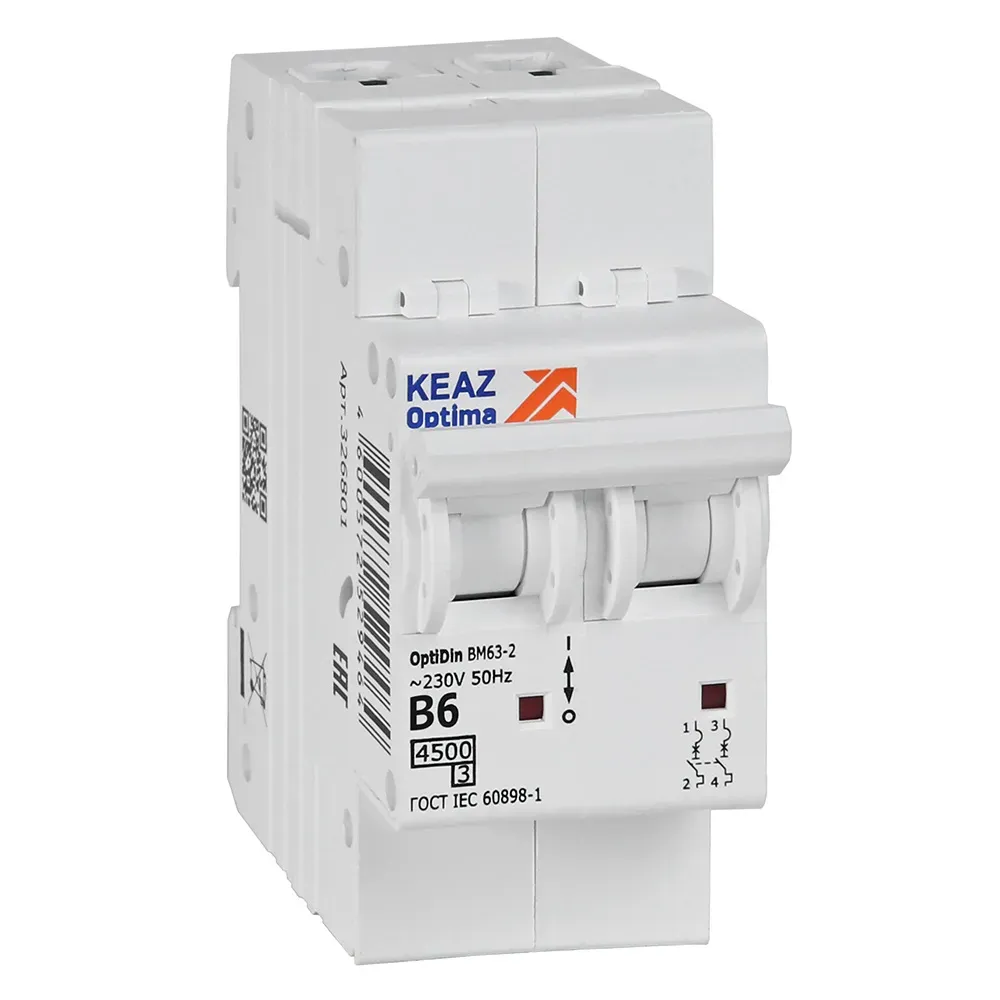 Выключатель автоматический двухполюсный 6а b 4,5ка ac optidin bm63-2b6-4,5-ухл3 КЭАЗ 329508