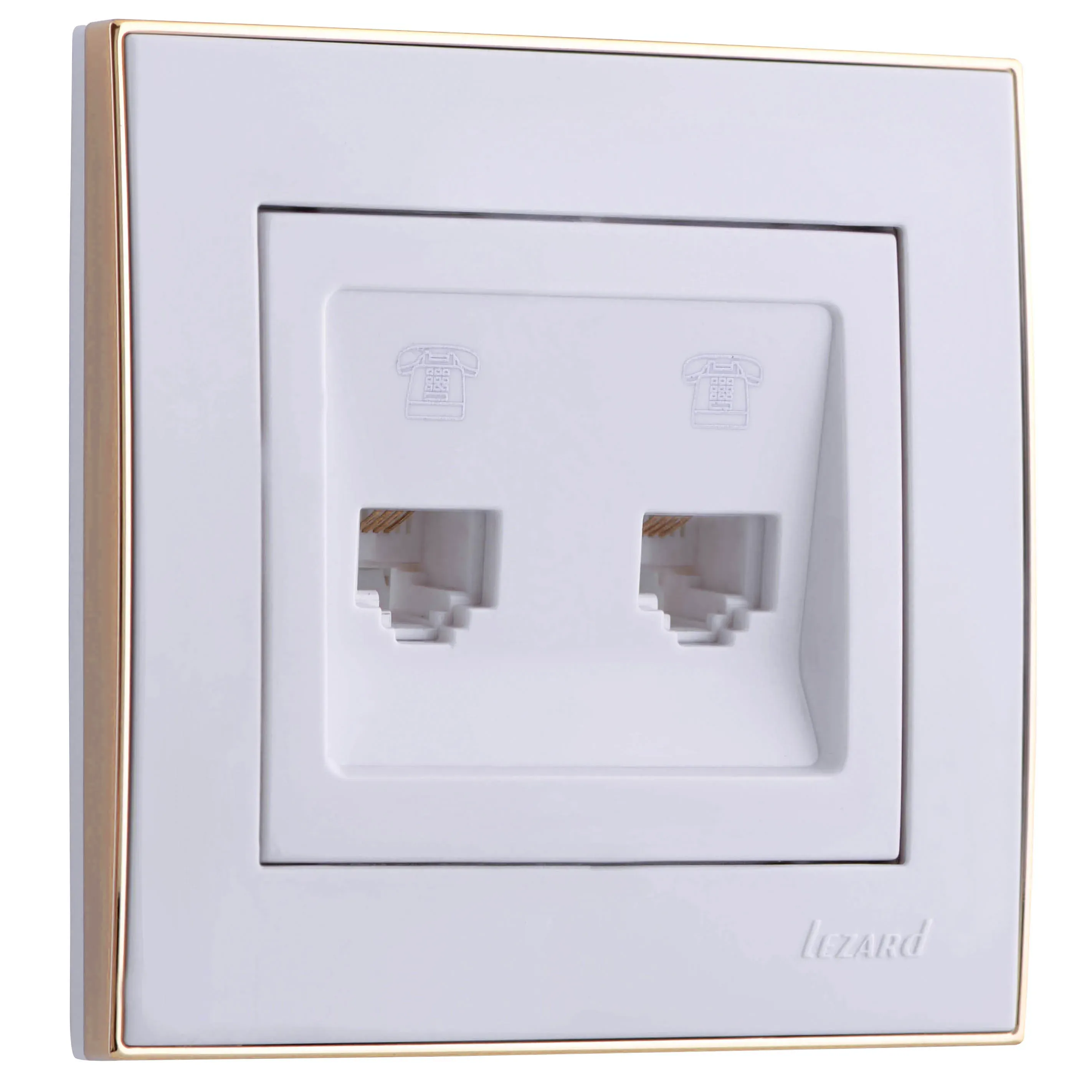 Розетка RAIN телефонная 2-ая евро белая с боковой вставкой золото Lezard 703-0226-138