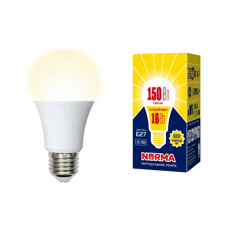 Лампа светодиодная led-a60-16w/ww/e27/fr/nr форма a, матовая. серия norma. теплый белый свет (3000k). картон. тм volpe UNIEL UL-00004027