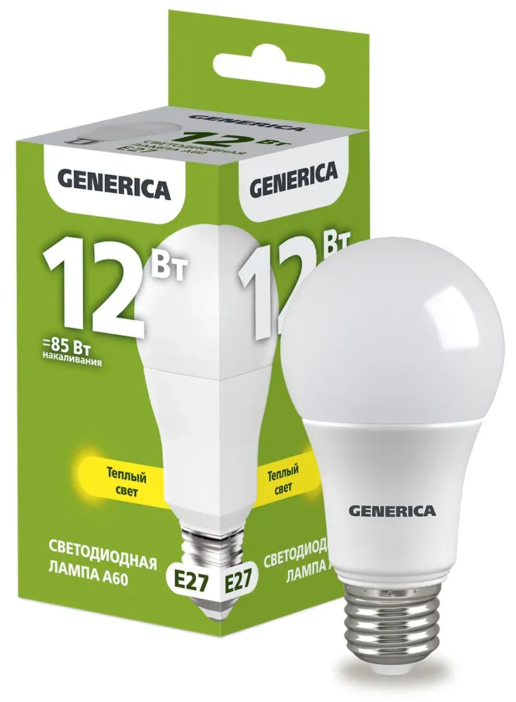 Лампа светодиодная a60 груша 12вт 230в 3000к e27 generica IEK LL-A60-12-230-30-E27-G