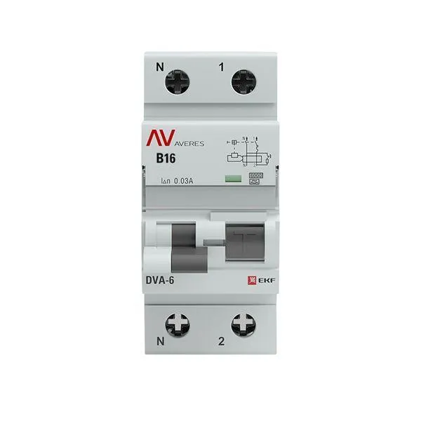 Автомат дифференциальный dva-6 1p+n 16а (b) 30ма (a) 6ка averes EKF RCBO6-1PN-16B-30-A-AV