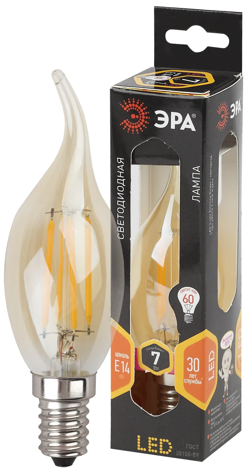 Лампа светодиодная филаментная f-led bxs-7w-827-e14 gold (филамент, свеча на ветру золот., 7вт, тепл, e14 (10/100/2800) ЭРА Б0027965