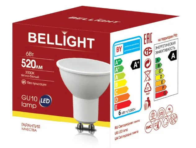 Лампа светодиодная LED 6Вт 3000K 520Лм GU10 Bellight BELLIGHT 88297900