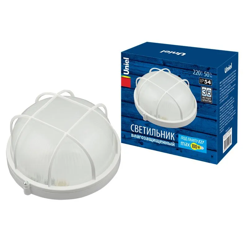 Светильник влагозащищенный под лампу Е27 UWL-R02 100W/E27 IP54 WHITE Kруг/Решетка Uniel UL-00006772