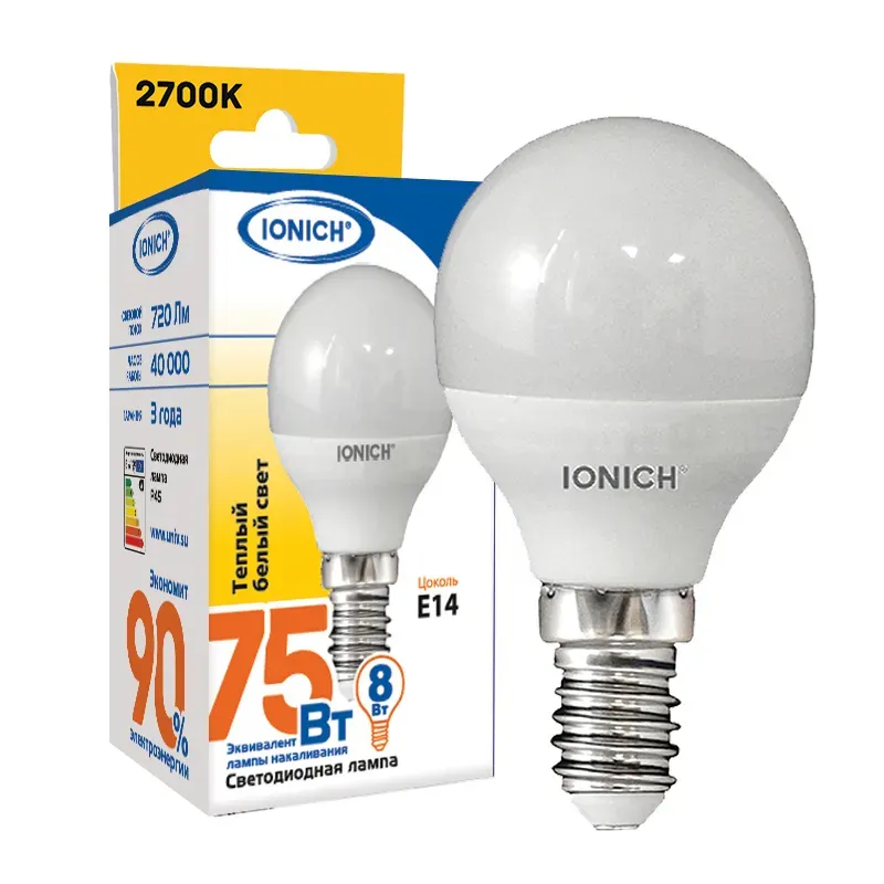 Лампа светодиодная led 8w 2700к, e14, 720лм, шар   ionich UNIVERSAL 1642