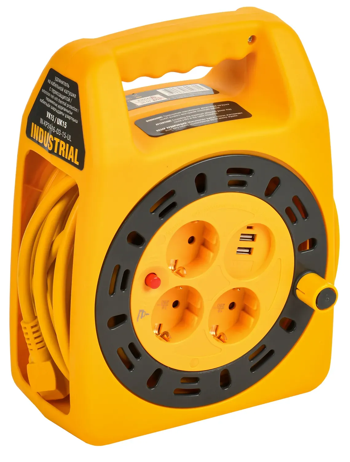 INDUSTRIAL Катушка УК15 3 места с заземлением с термозащитой 2P+PE 3х1,5мм2 USBх2 LED 15м IEK IEK IN-KP24-16-03-15-UL