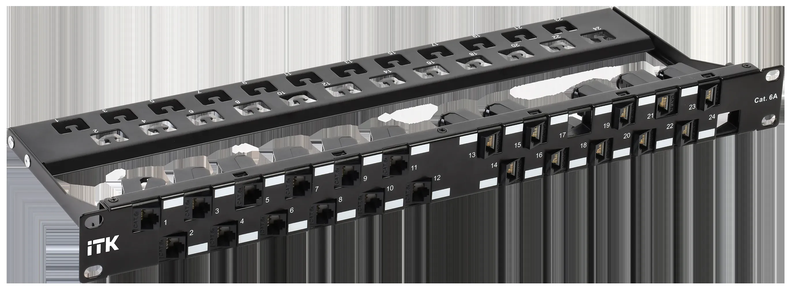 Патч-панель 1U укомплектованная кат.6A UTP 24 порта угловая