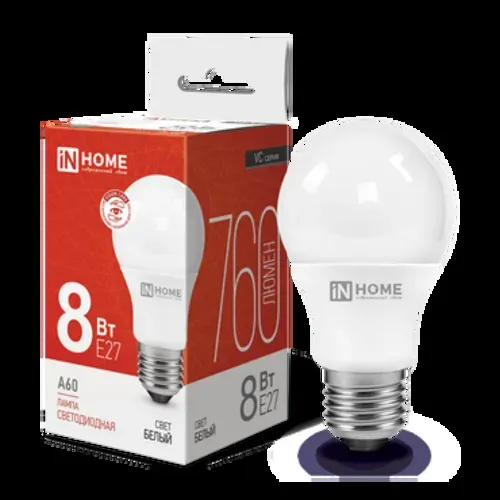 Лампа светодиодная led-a60-vc 8вт 230в е27 4000к 760лм in home IN-HOME 4690612024028