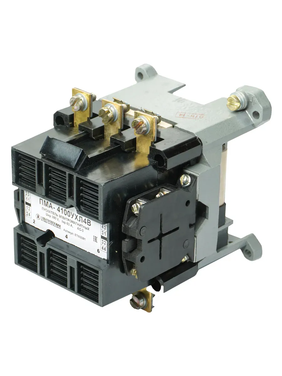 Пускатель электромагнитный ПМА-4100 УХЛ4 В, 380В/50Гц, 2з+2р, 63А, нереверсивный, без реле, IP00 Электротехник ET002281