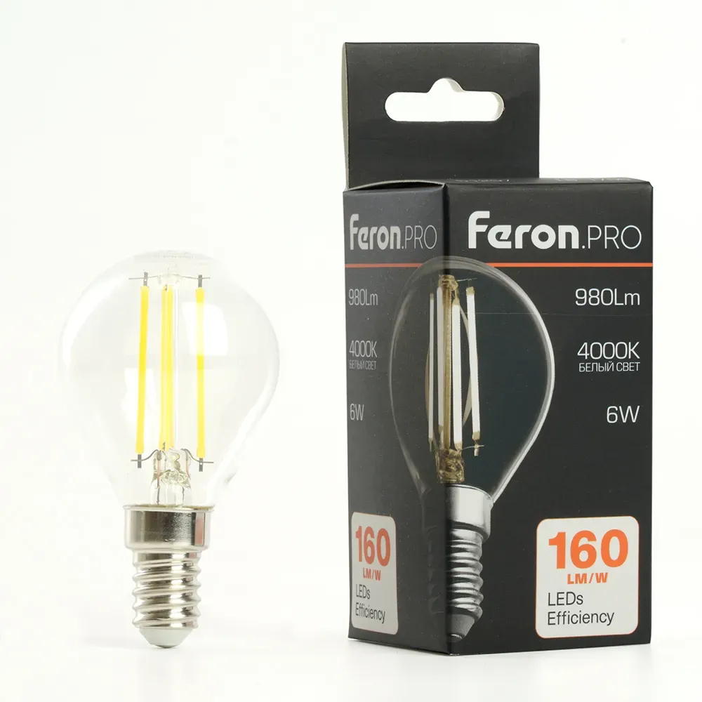 Лампа светодиодная LED 6вт Е14 белый шар FILAMENT Feron.PRO